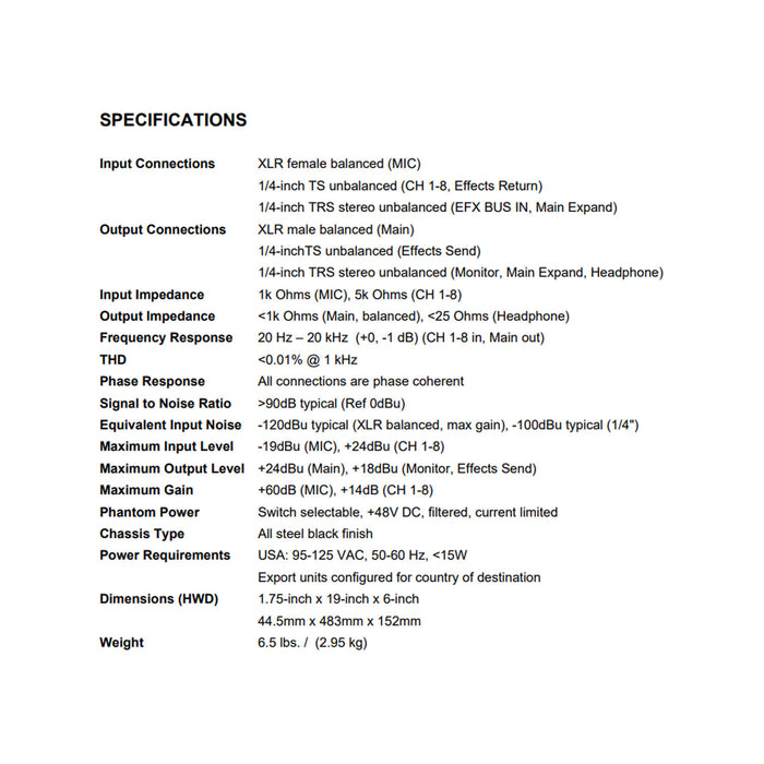 ART MX822 - Eight Channel Stereo Rackmount Mixer