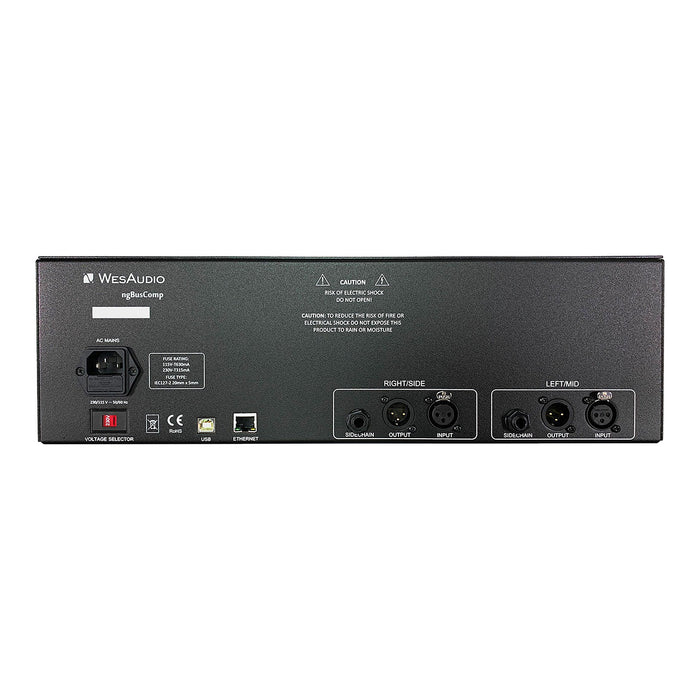Wes Audio ngBusComp rear panel showing XLR inputs and outputs, IEC power and USB/Ethernet