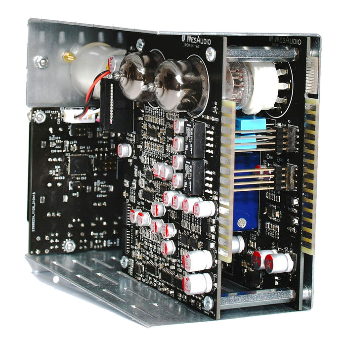 Wes Audio _Rhea rear three-quarter view showing tubes, circuit boards and 500-series edge connector